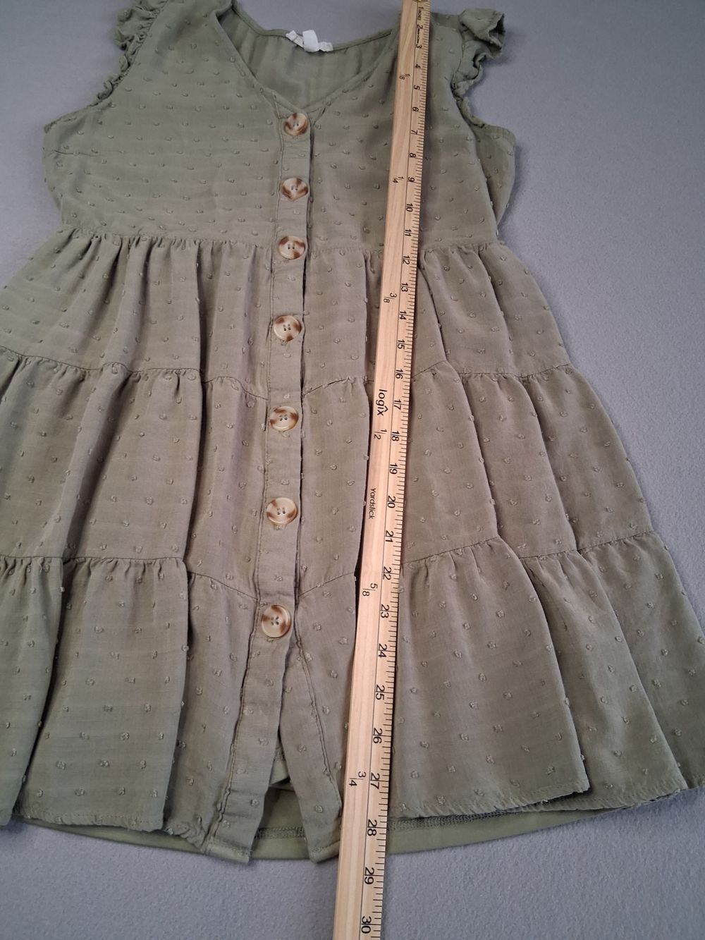 E&M Sage Green Swiss Dot Tiered Babydoll Dress Small Boho Cottagecore Rayon - Picture 7 of 8